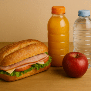 Repas solidaire composé d’un grand sandwich garni, d’une bouteille d’eau, d’un jus de fruits et d’un fruit frais, présenté sur une table en bois.