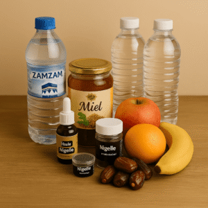 Colis santé naturel comprenant une bouteille d’eau de Zamzam, de l’huile de nigelle, des graines et de la poudre de nigelle, du miel, des dattes, des fruits frais et une bouteille d’eau minérale, présentés sur une table en bois.