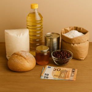 Don de Fidya : denrées alimentaires de base et billets soigneusement disposés sur une table en bois claire.