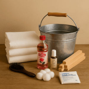 Kit funéraire musulman avec linceuls, eau de rose, musc, coton, compresses, brosse, bois et seau.