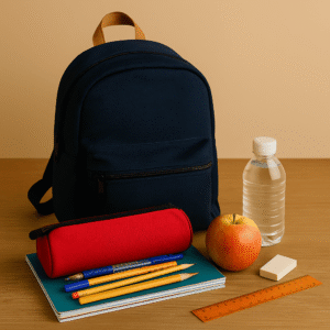Kit scolaire complet comprenant un sac à dos, une trousse, des cahiers, stylos, crayons, gomme, règle, présenté sur un fond clair dans un style soigné et réaliste.