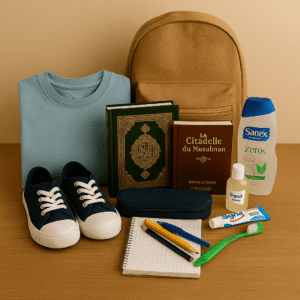 Pack enfant composé de vêtements, chaussures, fournitures scolaires, sac à dos, Coran, Citadelle du Musulman et kit d’hygiène, soigneusement présentés sur un fond neutre dans une mise en scène réaliste.