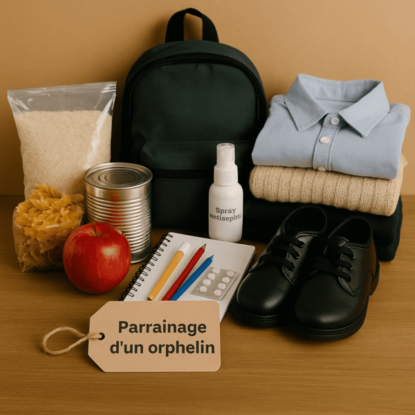 Kit de parrainage d’orphelin avec repas, vêtements, fournitures scolaires et soins de santé, posé sur une table en bois.