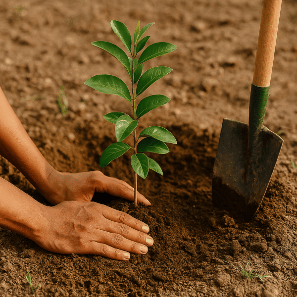 Deux mains plantent un jeune arbre fruitier dans un sol fertile, accompagné d’une pelle.