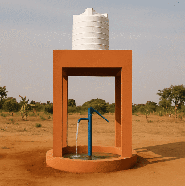 Structure en béton avec une pompe à eau manuelle et un grand réservoir d’eau surélevé.
