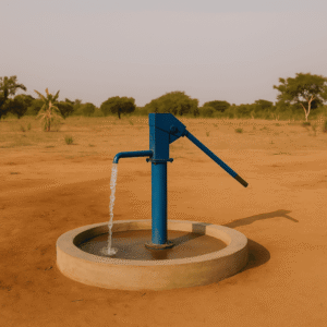 Puits renforcé équipé d’une pompe bleue, d’un château d’eau blanc sur structure solide.