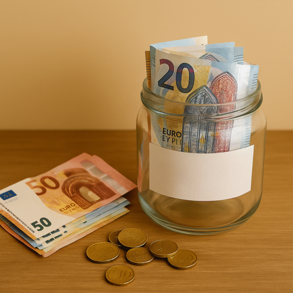Billets d'euros, pièces et tirelire en verre illustrant la Zakat Al Maal, obligation annuelle de l’aumône sur la richesse en islam.