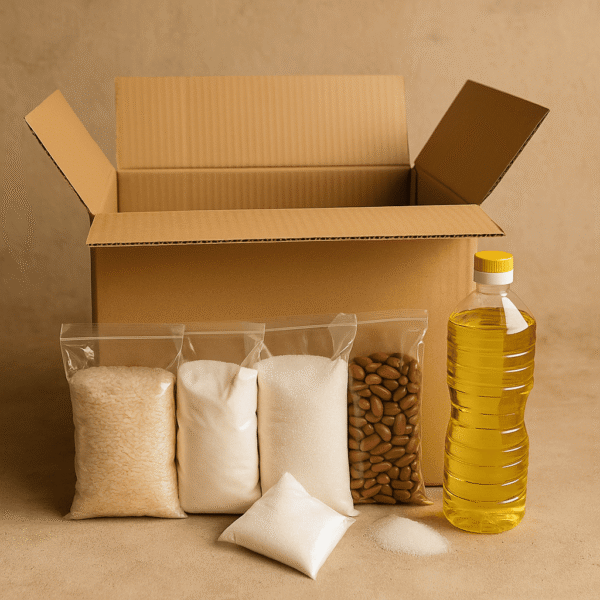 Colis alimentaire solidaire avec riz, farine, sucre, haricots, sel et huile.